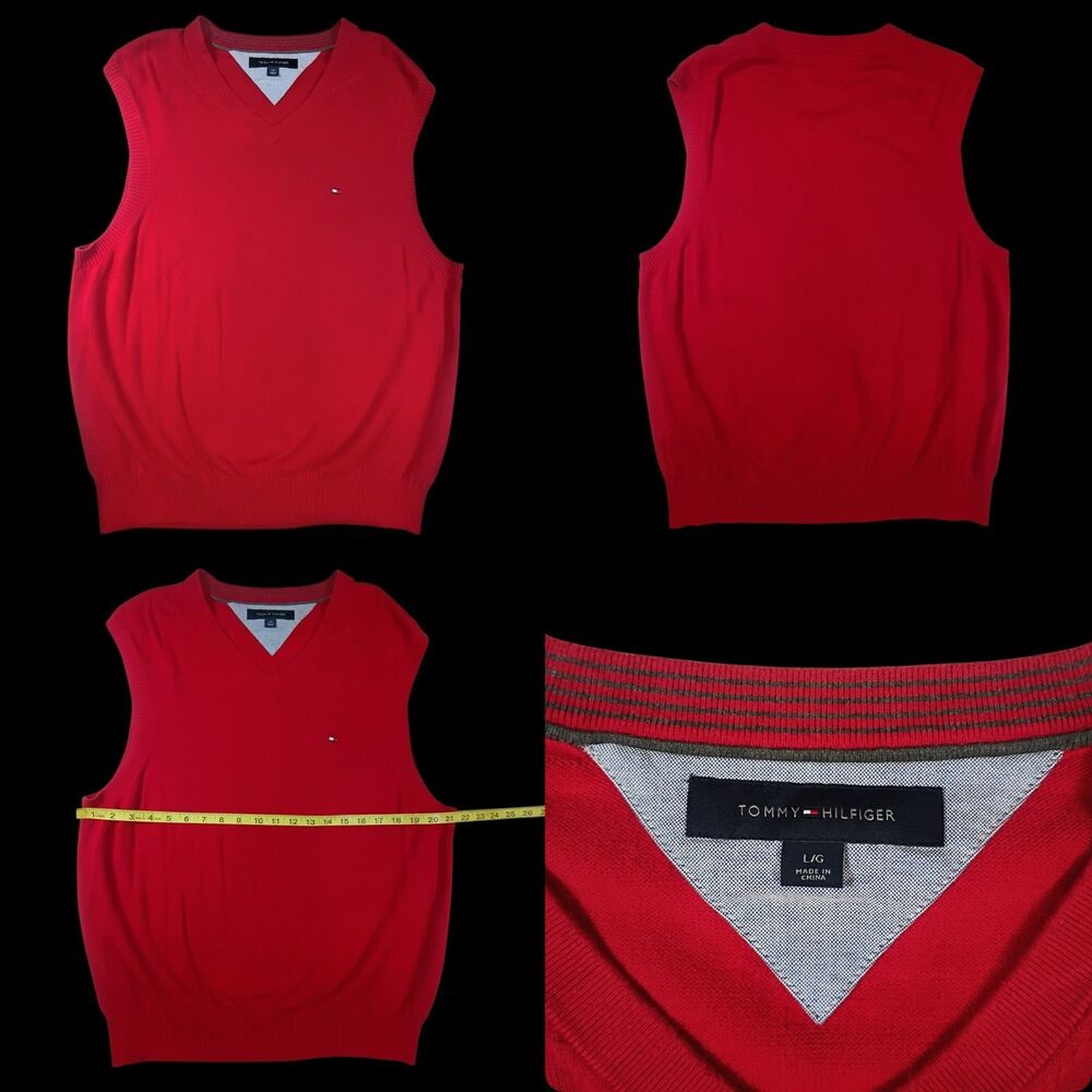 Tommy Hilfiger Vest Mens Large V Neck Red Pullover Sweater Golf Cotton y2K